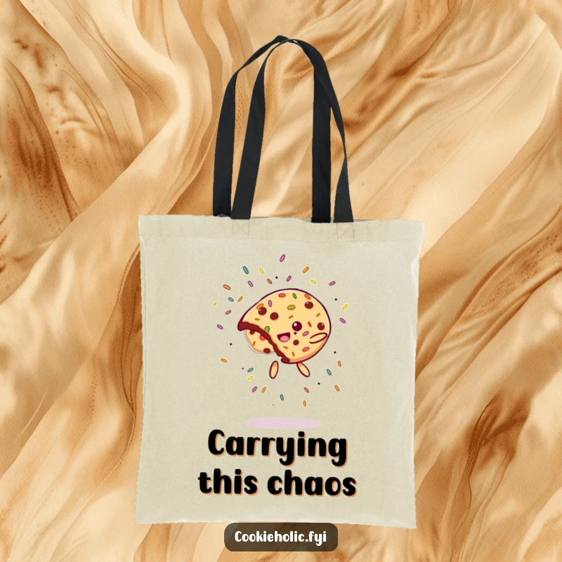 Funny Tote Bag: A cookie in mid-flip, with sprinkles flying, symbolizing playful acrobatics and fun.