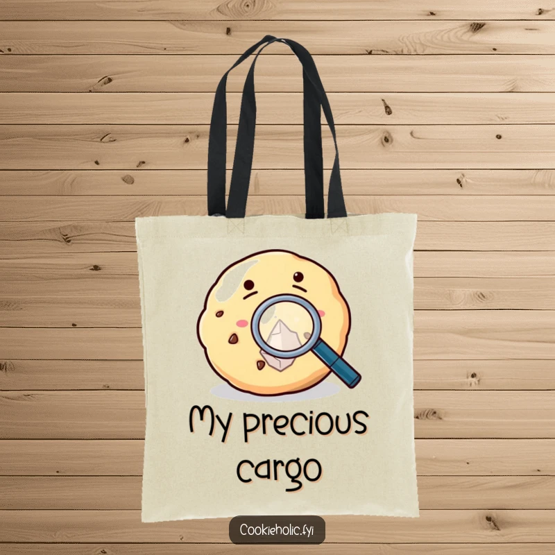 Funny Tote Bag with a cookie using a magnifying glass to inspect a sugar crystal, perfect for carrying sweet treasures.