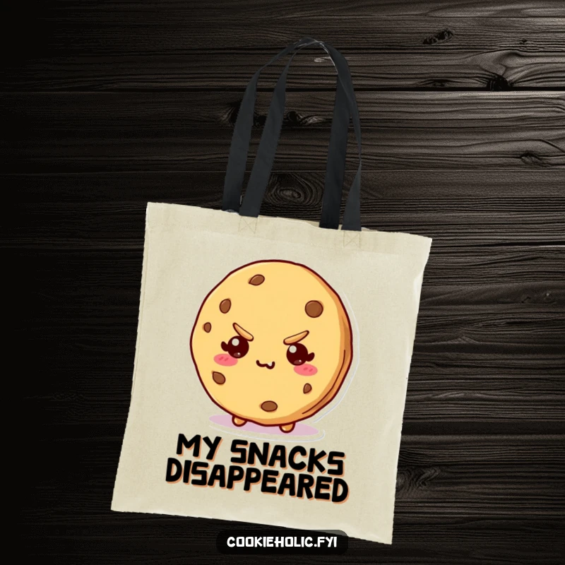 Funny tote bag featuring a kawaii cookie character with a bite mark and a mischievous expression, ready for adventure.