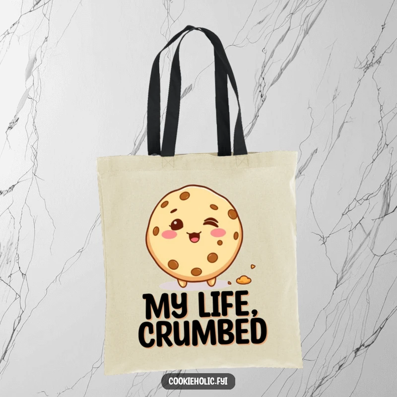 Funny giggling kawaii cookie character leaving a trail of crumbs, cute tote bag for snack lovers, functional and funny gift.