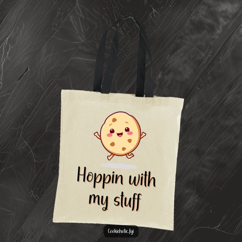 Funny kawaii tote bag with a cookie character in a happy hop, symbolizing sweetness and joyful movement.