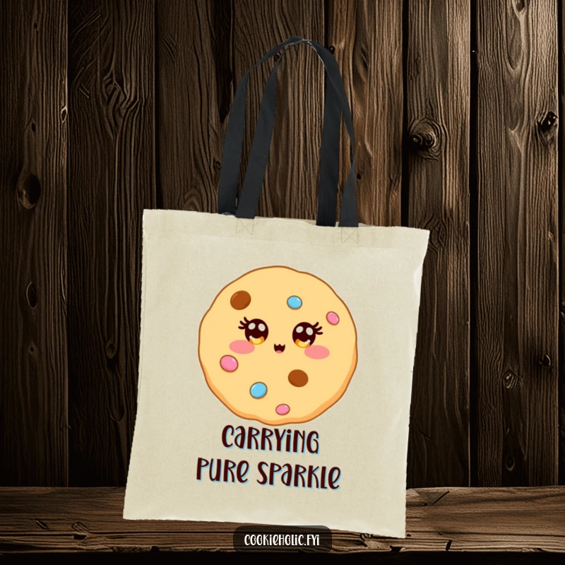 Funny tote bag featuring a kawaii cookie character with eyes that sparkle like vibrant candy decorations, perfect for carrying joy.