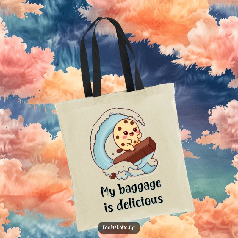 Funny Kawaii cookie character surfing a giant chocolate chip, depicted on a durable, funny tote bag for everyday use.