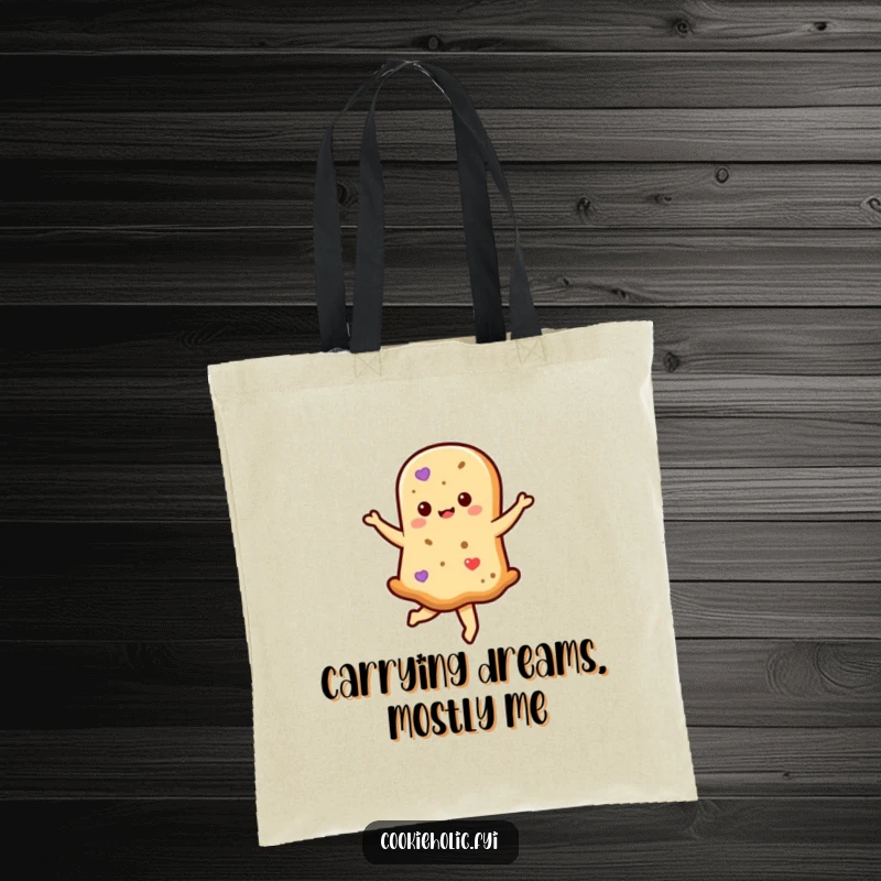 Funny kawaii shortbread cookie character elegantly twirling, showcased on a durable tote bag, perfect for everyday humorous errands.