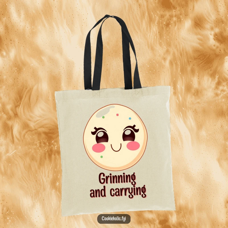 Funny kawaii tote bag with a sugar cookie character wearing a wide, delighted grin, symbolizing sweetness and pure joy.