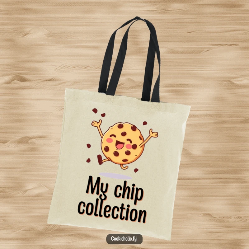 Funny tote bag featuring a chocolate chip cookie joyfully leaping, ready for adventure and carrying essentials.