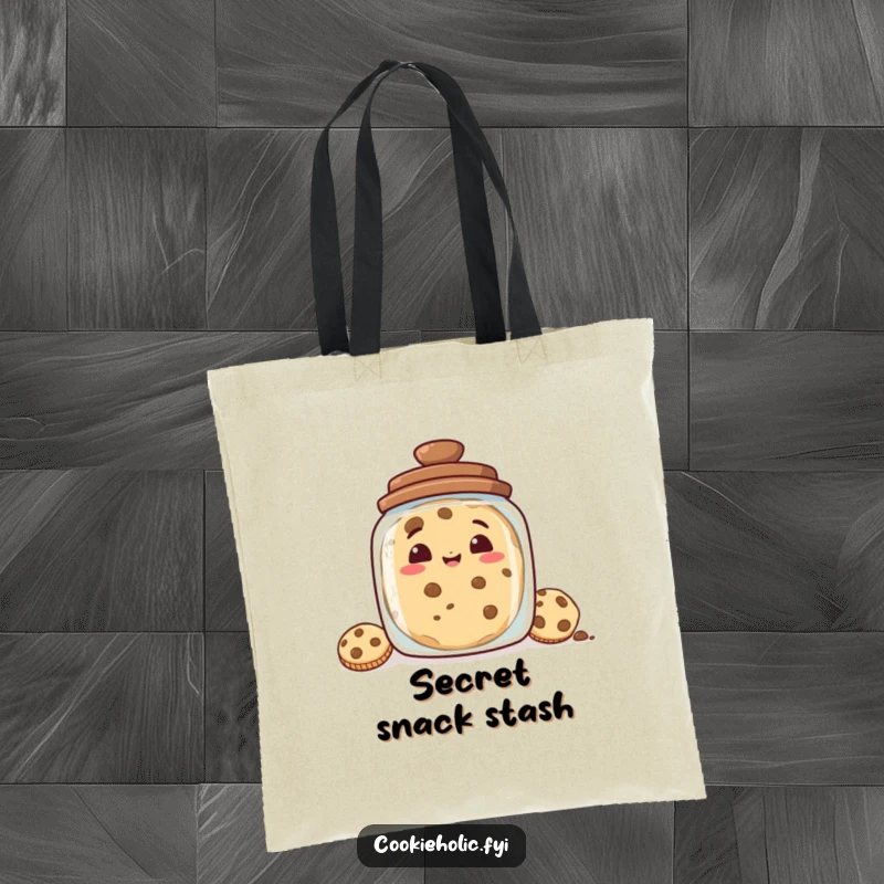Funny tote bag with a cookie's mischievous grin peeking from behind a cookie jar, a charming and practical accessory for daily use.