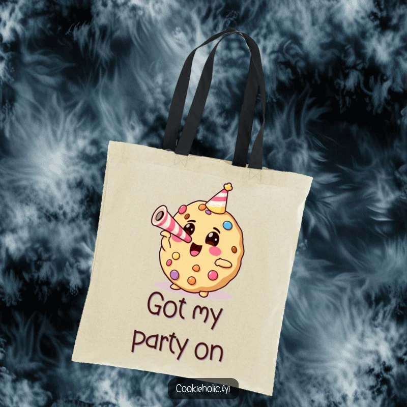 Funny cookie with candy decorations blowing a party horn, showcased on a durable tote bag for a humorous shopping experience.