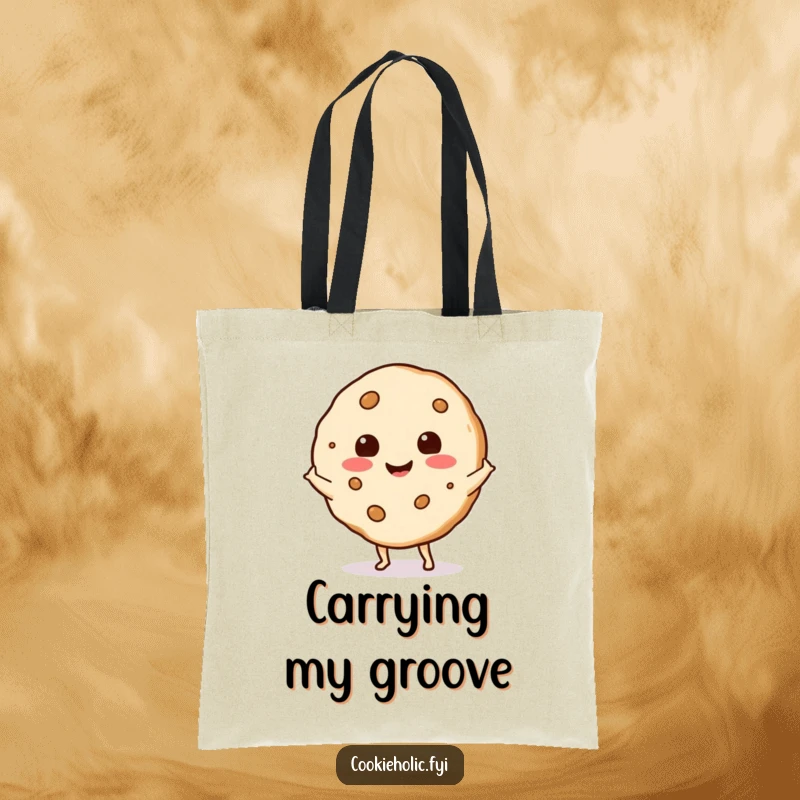 Funny happy cookie doing a little shimmy dance, printed on a stylish and durable tote bag.