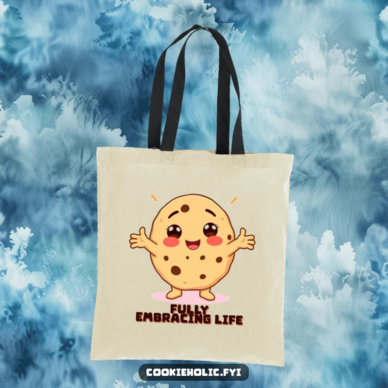 Funny Tote Bag with a cookie in a silly, arms-outstretched pose, perfect for carrying essentials with personality.