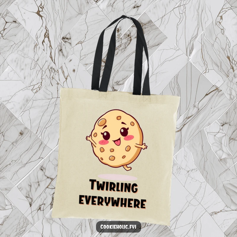 Funny tote bag with a cookie character in a silly spin, a goofy and energetic accessory for carrying daily items.