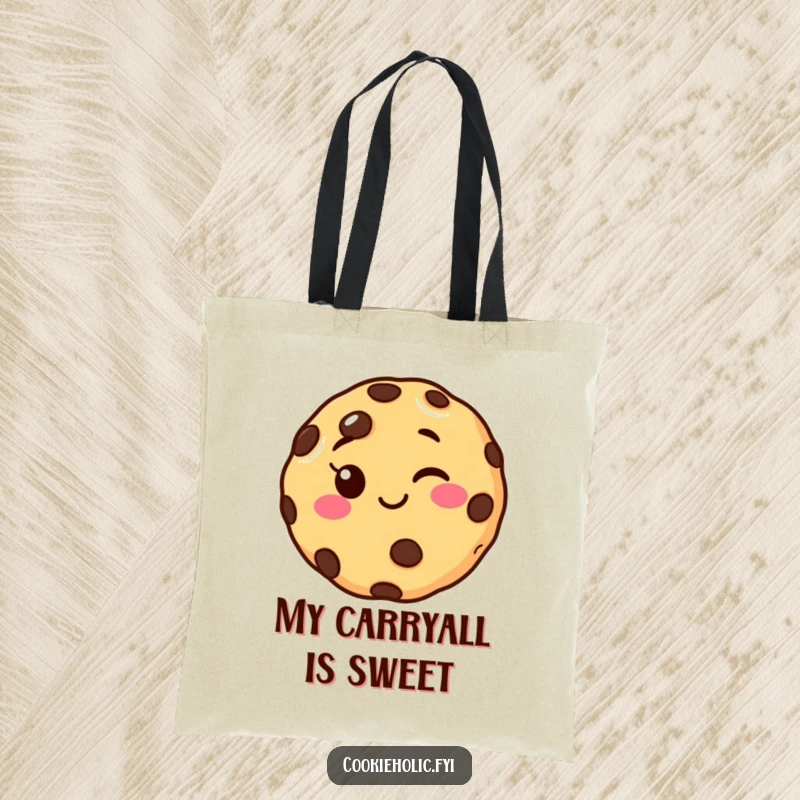 Funny winking chocolate chip cookie tote bag, perfect for carrying groceries or daily items with a playful and humorous vibe.