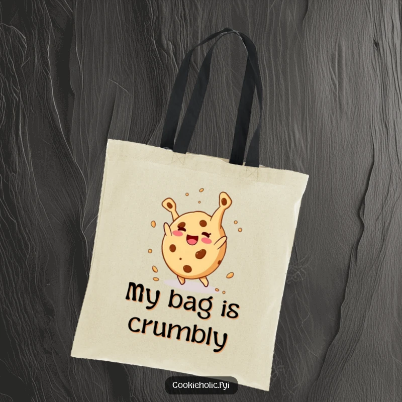 Funny tote bag: A round cookie character joyfully performs a somersault, scattering crumbs, embodying playful celebration.