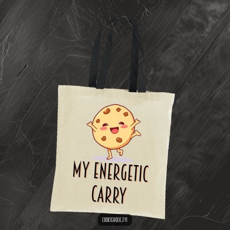 Funny tote bag featuring a cookie character doing a playful cartwheel, perfect for carrying essentials with flair.