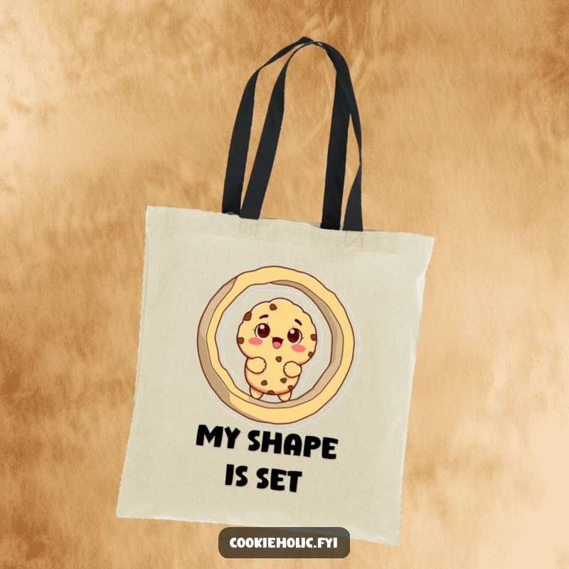 Funny tote bag with a cookie character comically stuck inside a giant cookie cutter, showcasing baking humor.