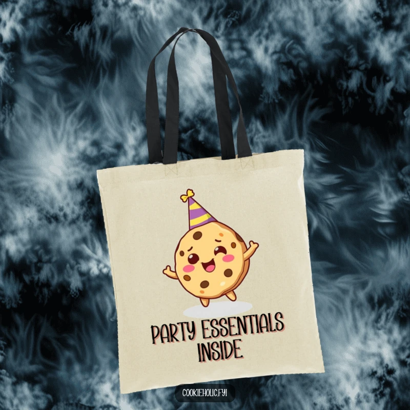 Funny tote bag illustrating a cookie character wearing a party hat, joyfully spinning with exuberant energy.