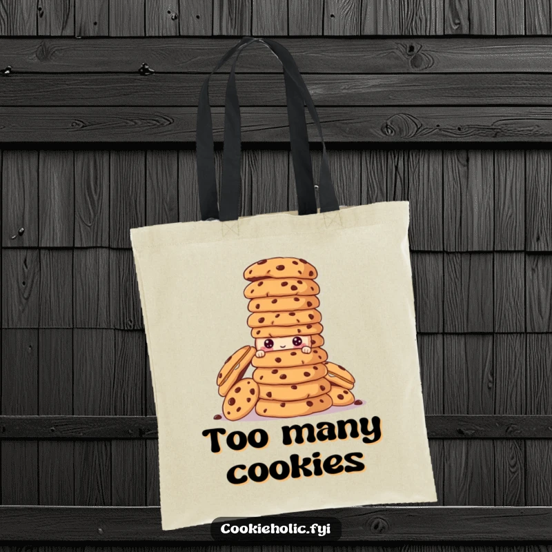 Funny cookie character peeking from a towering stack of cookies on a durable tote bag.